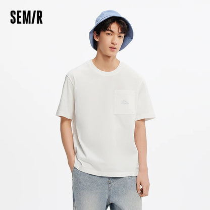 Semir Short Sleeve T-Shirt Men Cotton White T-Shirt Base Layer 2025 New Summer Pocket Embroidered Knit Top for Relaxed Outfits