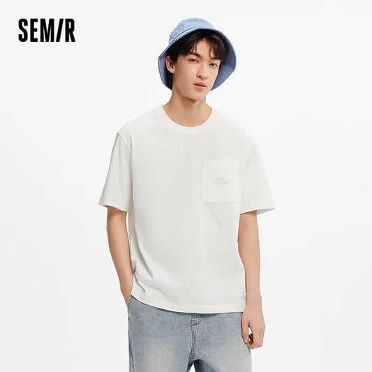 Semir Short Sleeve T-Shirt Men Cotton White T-Shirt Base Layer 2025 New Summer Pocket Embroidered Knit Top for Relaxed Outfits
