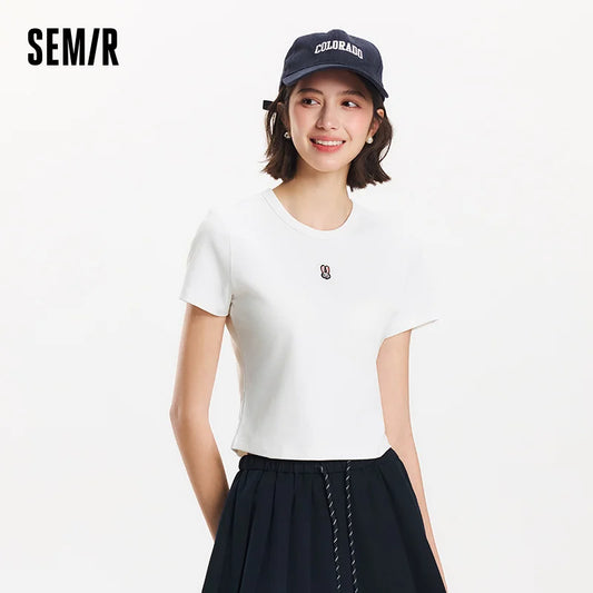 Semir Short Sleeve T-Shirt Women Cropped Slim Fit Slimming 2025 New Summer Embroidered Pullover Cute for Everyday and Stylish